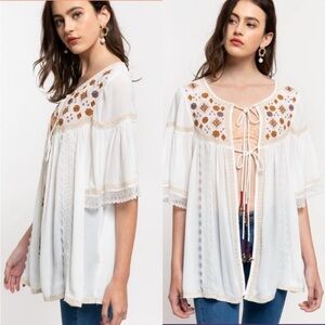 POL White and Brown Embroidered Tunic NWOT